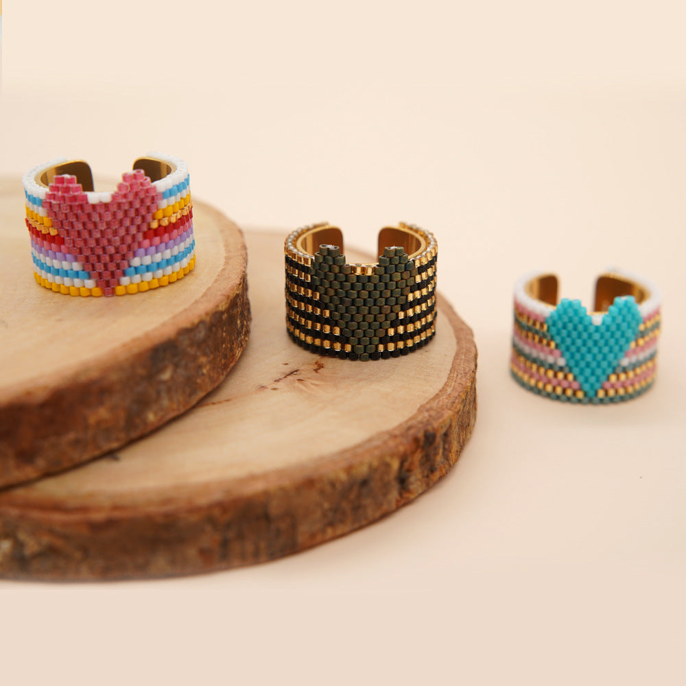 Colorful handmade beaded cuff ring with heart pattern