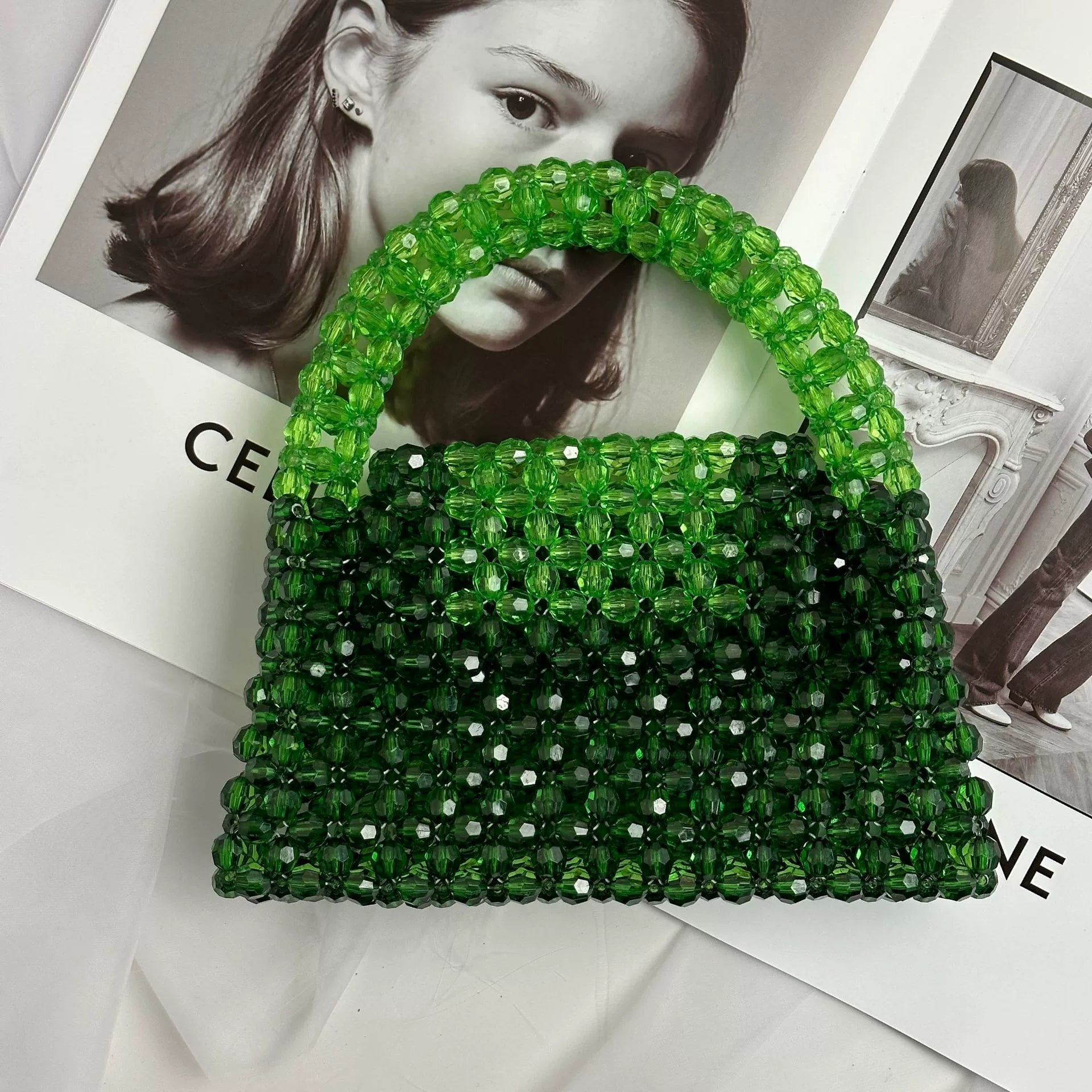 Fashion Beaded Handbag – Green Gradient Style Purse