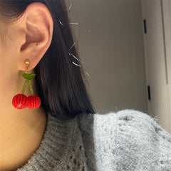 Fruity cherry earrings made from red seed beads