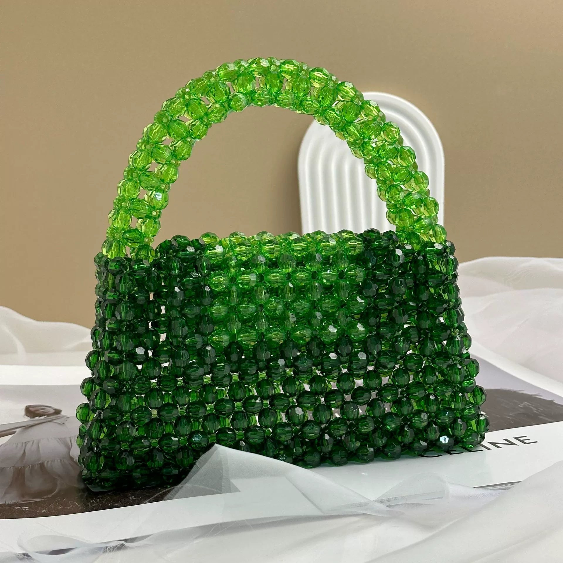 Green Gradient Beaded Handbag – Handmade Bead Purse