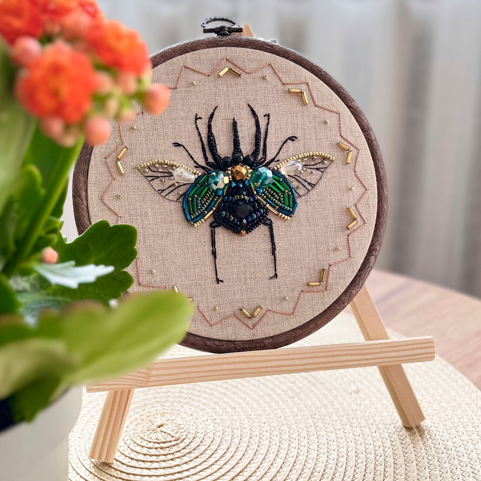 Nature-inspired beaded embroidery hoop decor