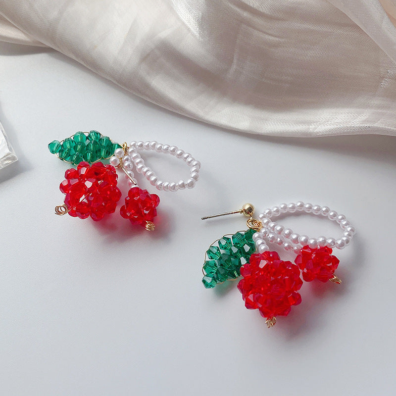 Statement cherry earrings with green beaded stems

