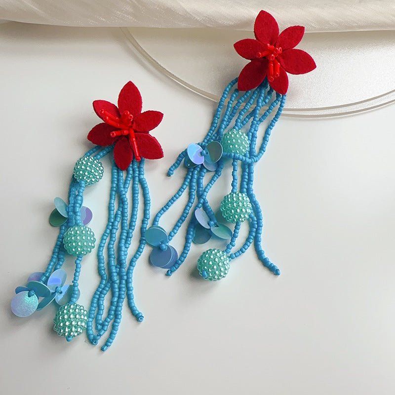 Red Bloom & Aqua Drape Beaded Earrings - ConiBeads
