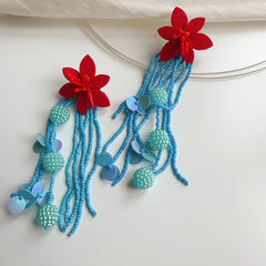 Red Bloom & Aqua Drape Beaded Earrings - ConiBeads
